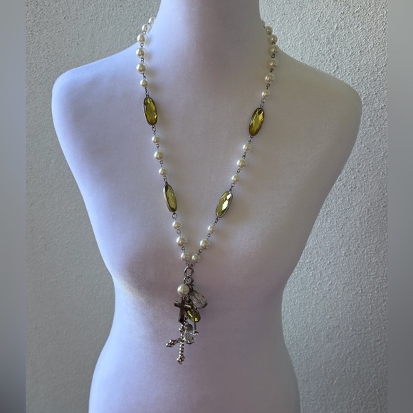 Fashion Long Necklace Pearls Crystals Rhinestone Cross Silver Chunky - Picture 1 of 5